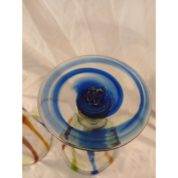Set of 2 Mexican Art Glass Swirl Stripe Wine Water Goblet Hand Blown 8" Footed - Picture 6 of 7